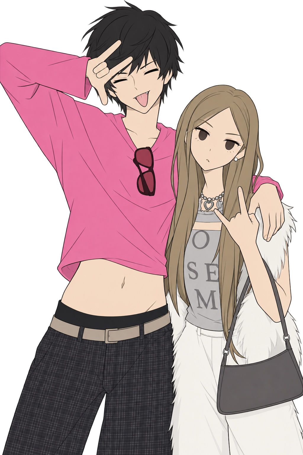 Anime streetwear illustration of two friends in pink and ivory outfits